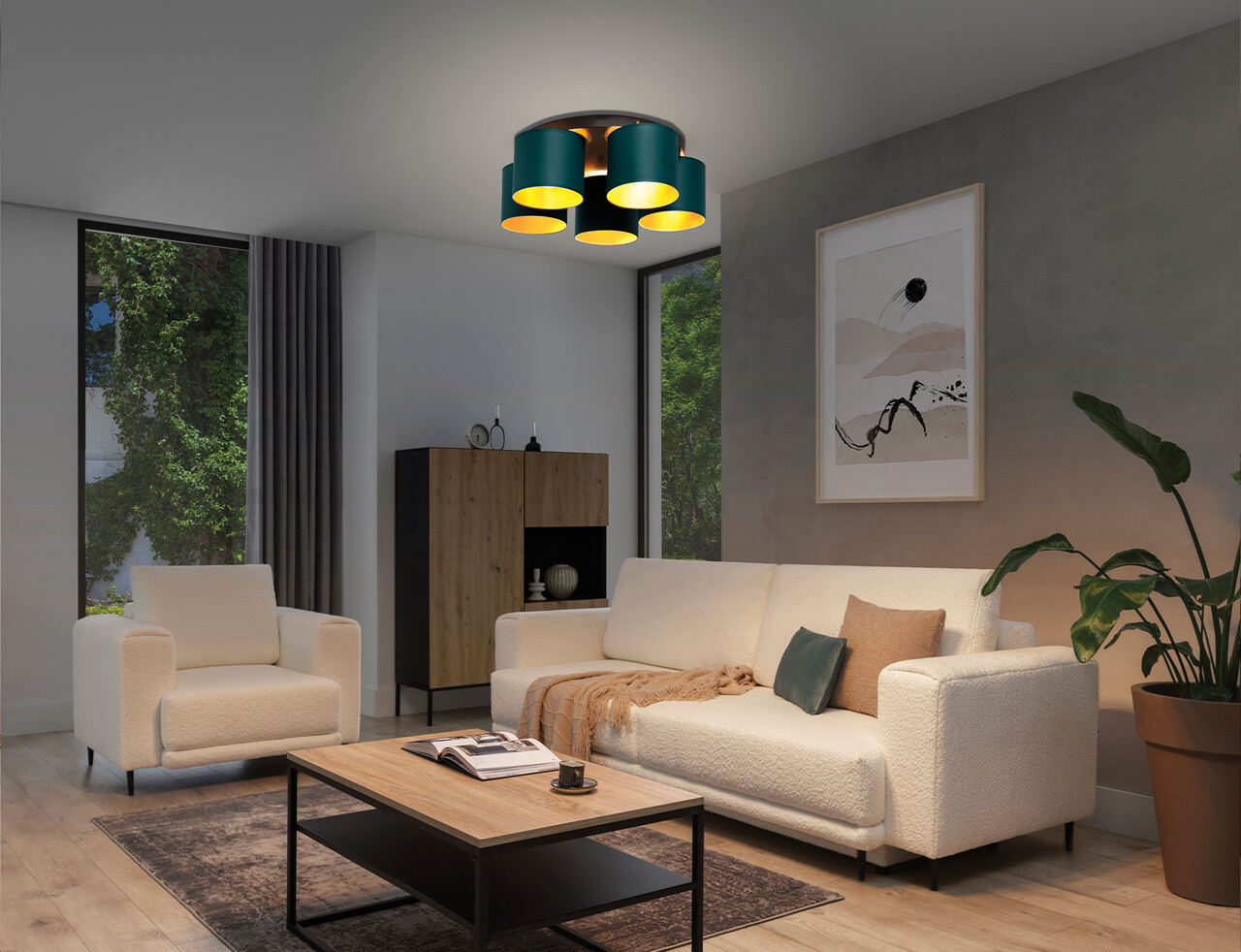 Plafoniera ELTAP, Vespillo, 58x18 cm, 5xE27, 15W, otel/PVC, verde/auriu - imagine 6